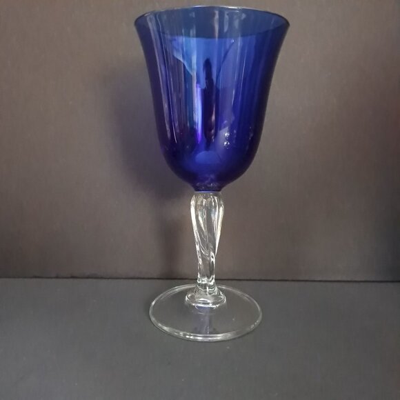 Cristal d'Arques Durand Sapphire Goblet 7 5/8" Cobalt Blue Clear Stem France - Picture 6 of 7